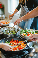 Obraz premium Chefs preparing colorful vegetables in restaurant kitchen