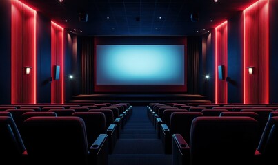 Fototapeta premium Luxurious home theater interior with plush seating, large screen illuminated by cinematic light