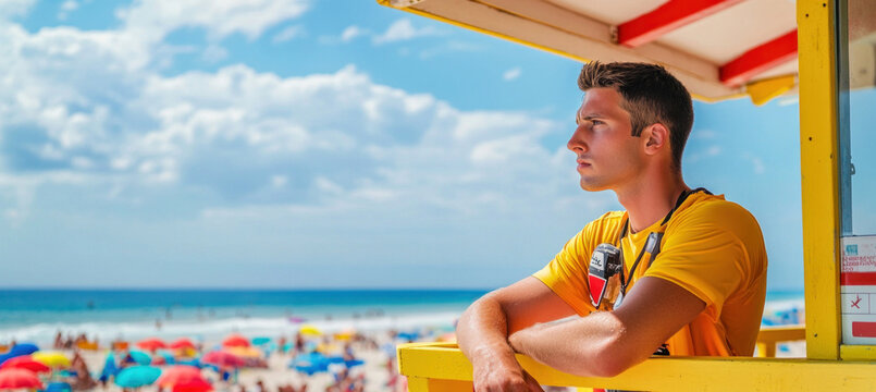 Lifeguard watching over crowded beach on sunny summer day