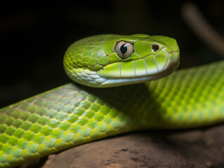 Fototapeta premium Arboreal Snake Tranquil Portrait Textured Scales Dark Setting