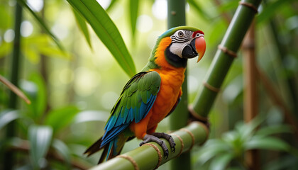 Obraz premium Colorful macaw perched on bamboo in lush rainforest