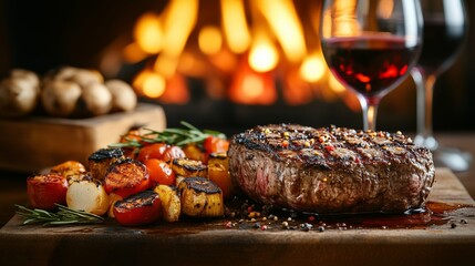 Charcoal grilled steak and red wine