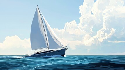Fototapeta premium A graceful sailboat glides through tranquil waters, moving smoothly beneath a vast blue sky filled with fluffy white clouds, creating a serene atmosphere