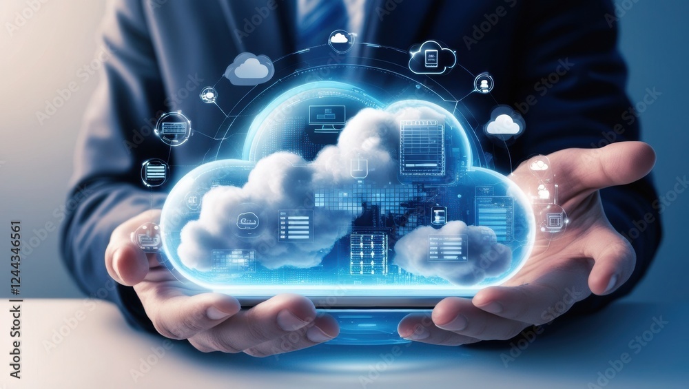Aufkleber A person holding a smartphone with a cloud of icons floating above it