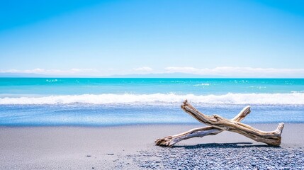 Serene Beachscape with Driftwood - Tranquil beach scene, driftwood symbolizes resilience, turquoise water represents peace, sandy shore signifies relaxation, bright sun embodies hope