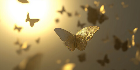 Golden butterfly swarm sunset. Many butterflies flying light background. Luxury brand logo design. 3D render, gold color, soft lighting, bokeh effect