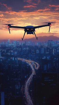 Drone Flying Over City Skyline at Sunset With Colorful Sky