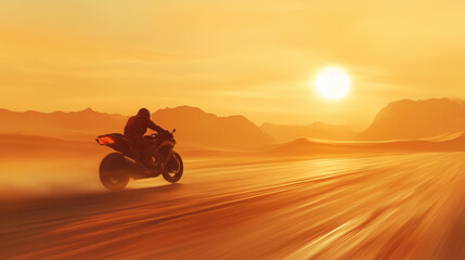 Fototapeta premium Motorcyclist Racing Along a Long Desert Road, with Blurred Sand Dunes and Distant Mountains in the Background Under a Blazing Sun