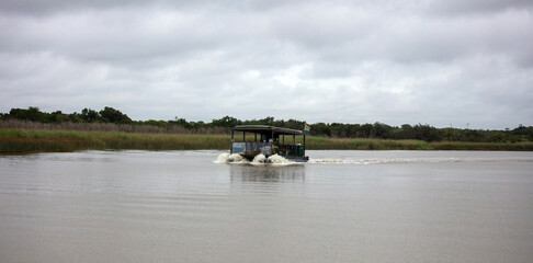 South Africa wetland safari, boat moving in water, lush green vegetation, cloudy sky