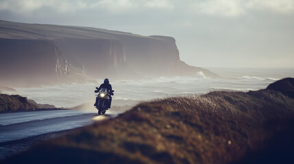 Obraz premium Motorcyclist Riding Along a Coastal Road, Ocean Waves and Cliffs in the Blurred Background, Capturing the Spirit of Freedom