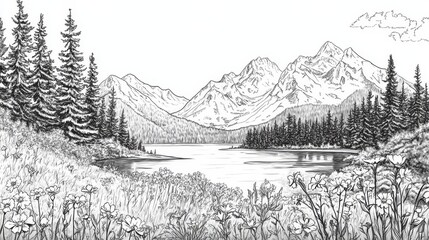 Serene Mountain Lake Landscape - A tranquil black and white drawing of a serene mountain lake