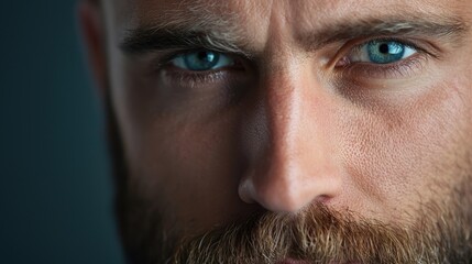 Obraz premium Focus is on a man whose piercing blue eyes draw attention, complemented by his full beard. The background is dark, enhancing his striking features and intensity