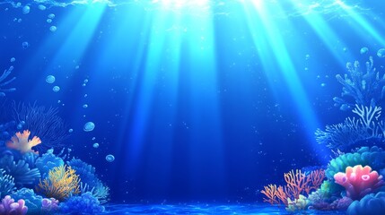 Fototapeta premium Serene Underwater Scene - Vibrant coral reef bathed in sunlight, peaceful underwater ocean background. Ideal for websites, presentations, or publications.