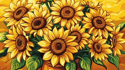 A vibrant bouquet of sunflowers fills the frame, showcasing their bright yellow petals and dark centers. The warm background enhances the cheerful atmosphere, symbolizing joy