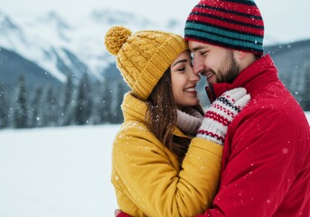 A couple hugging in a snowy field, wearing colorful clothes, with a blurred snowy mountain background, symbolizing Valentine’s Day.

