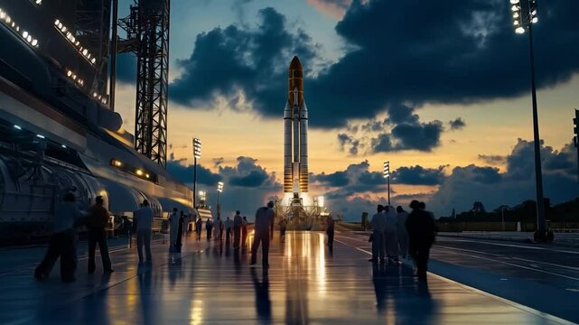 Scenes of Tim doing final checks on the big rocket, smooth repetitive motion for background video animation