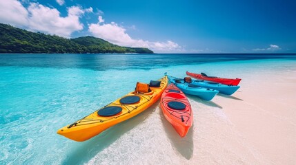 Colorful Kayaks on Tranquil Beach with Clear Blue Water