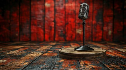 Vintage microphone on wooden podium in red stage background