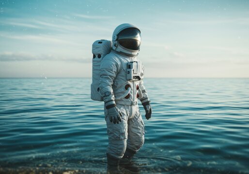 Close-up photo of an astronaut walking in the sea, wearing a white spacesuit and a black glass helmet, looking at the camera, with a blurred sky background.

