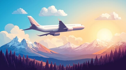 Airplane Flying Above Sunny Landscape Illustration