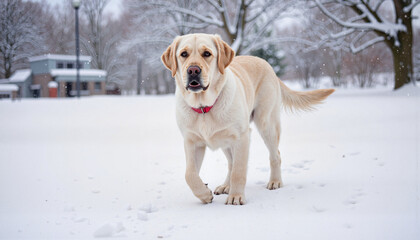 Labrador dog walking in the snow