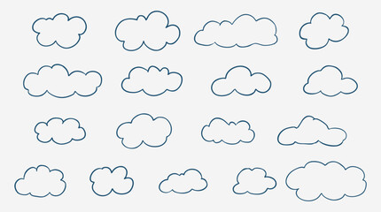 Set of line doodle cloud isolated on white background. Hand drawn clouds icon