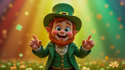 AI-generated image of a 3D animation-style leprechaun celebrating St. Patrick's Day with a rainbow and pot of gold