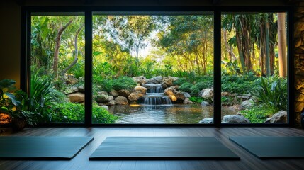 Serene Indoor Yoga Space with View of Tranquil Garden and Waterfall