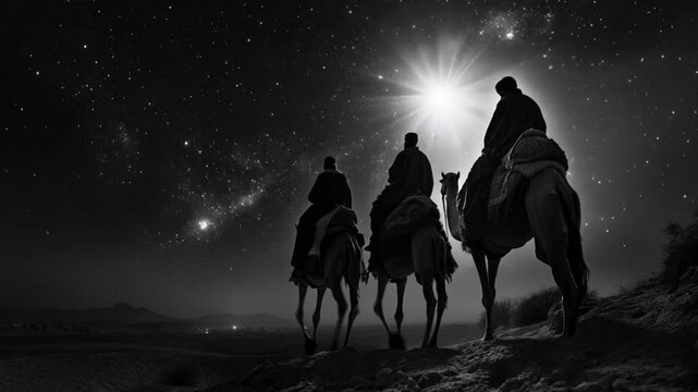 Scene Under the starry night sky, three people on a camel, smooth repetitive motion for background video animation