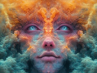 Fototapeta premium Surreal portrait blending human features with ethereal cloud formations.