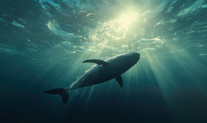 Fototapeta premium Graceful whale breaching the ocean's surface, its massive body glistening under soft sunlight, symbolizing freedom and natural wonder