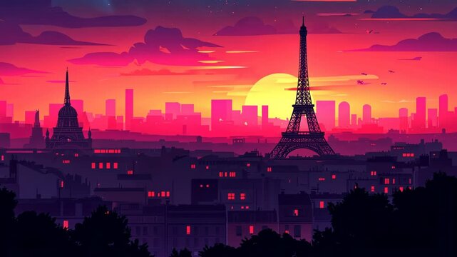 Colorful Cartoon Illustration of the Eiffel Tower in Paris at Sunset
