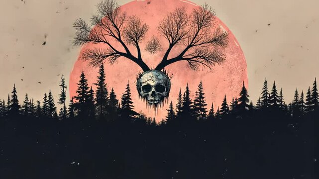 Spooky Halloween Moonlit Landscape with Silhouetted Trees and a Skull in Dark Sky Vector Illustration
