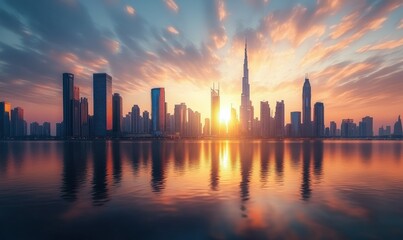 Fototapeta premium Modern city skyline with glowing neon highlights, underscored by a golden sunset blending innovation with nature.