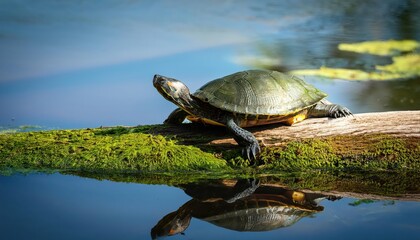 Fototapeta premium Peaceful Moment Turtle Basking on Cypress Log Amidst Floating Duckweed, in a Serene Forest Swamp