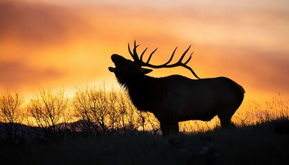 Majestic Elk Silhouette in the Wilderness, Capturing the Power and Drama of a Bull Elks Call amidst the Autumn Forest at Dusk.
