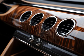 Luxury car interior showcasing polished wood and sleek design details. Generative AI