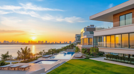 Fototapeta premium Luxury waterfront property with stunning sunset views