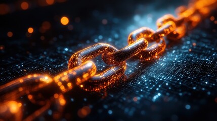 Glowing digital chain links illuminated against a futuristic data background, symbolizing connectivity