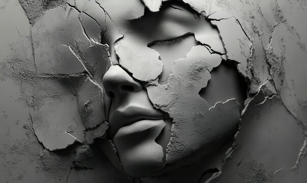 Monochromatic abstract art featuring a shattered mask, symbolizing hidden identities and self-discovery.