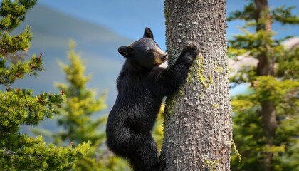 Striking Moment Wild Alaskan Black Bear Scaling a Forested Hillside Among Summer Greenery in the picturesque town of Sitka, Alaska