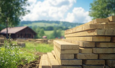 Neatly stacked wooden planks on a construction site with a serene rural backdrop, showcasing the beginnings of a sustainable building project.