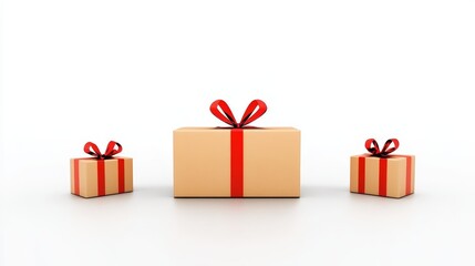 Fototapeta premium Three Gift Boxes with Red Ribbons - Three beige gift boxes of varying sizes, adorned with red ribbons, arranged on a white background. Perfect for holidays or celebrations.