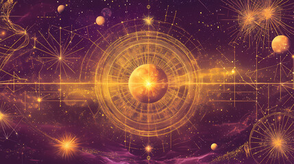 Obraz premium Mystical golden esoteric chart showing stars, planets, and celestial bodies over a purple starry sky with geometric patterns. Esoteric & Occult Imagery. Illustration