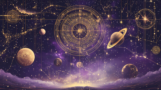 Mystical golden esoteric chart showing stars, planets, and celestial bodies over a purple starry sky with geometric patterns. Esoteric & Occult Imagery. Illustration