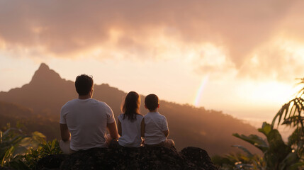 Obraz premium Family Enjoying Rainbow After Storm in Natural Landscape