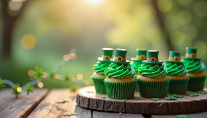 Themed cupcakes topped with green frosting and leprechaun hats in a sunny outdoor setting with copy space