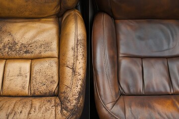 Transformation of leather car seats from dirty to clean showcases dramatic change. Generative AI