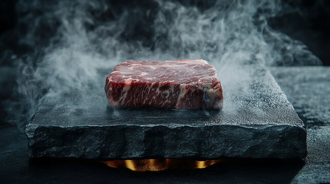 Wagyu beef sizzling on a hot stone grill