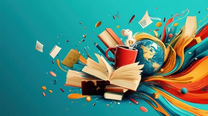Open books, coffee mug, globe floating on colorful abstract, education concept